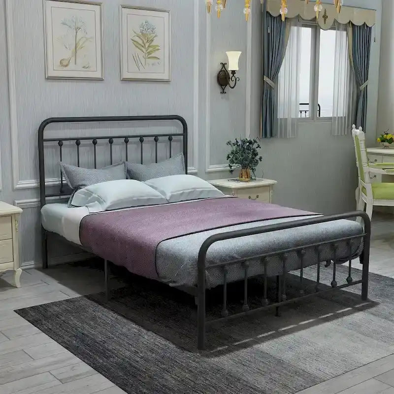 Struttura letto a piattaforma in metallo nero, dimensioni full size, testiera e pediera vintage, 1-2 persone