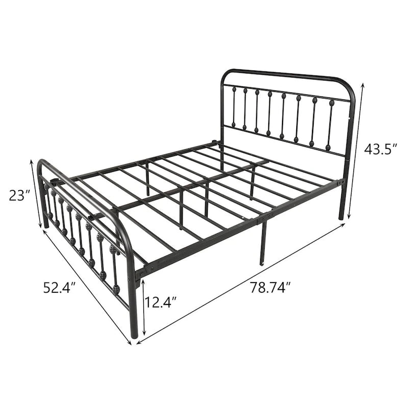 Struttura letto a piattaforma in metallo nero, dimensioni full size, testiera e pediera vintage, 1-2 persone