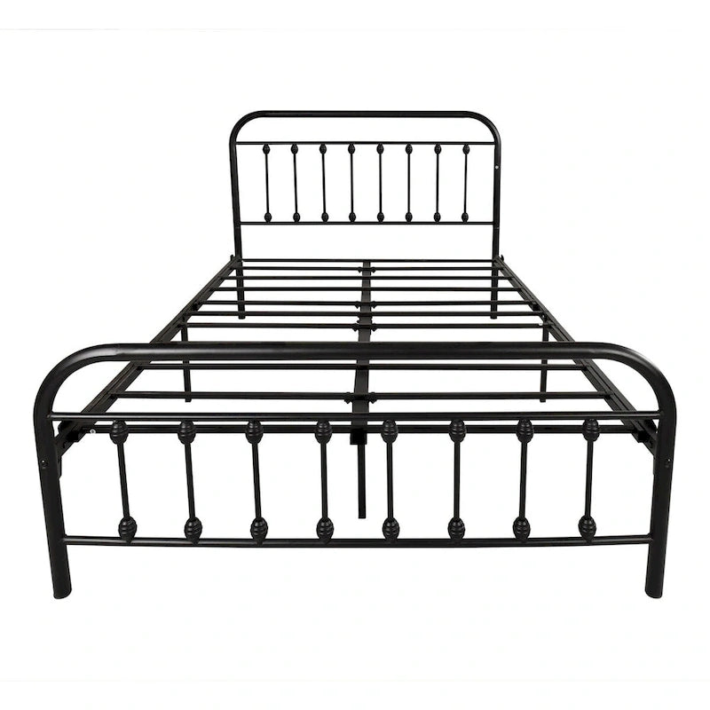 Struttura letto a piattaforma in metallo nero, dimensioni full size, testiera e pediera vintage, 1-2 persone