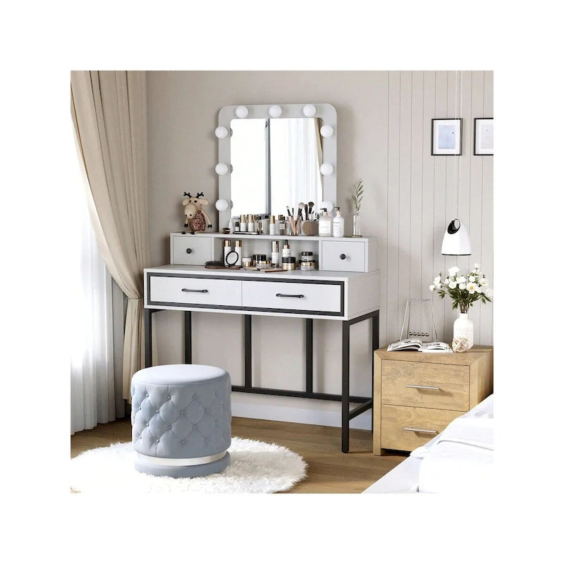 Tavolo da Trucco con Specchio Illuminato, Grigio/Marrone/Bianco, 1 Posto