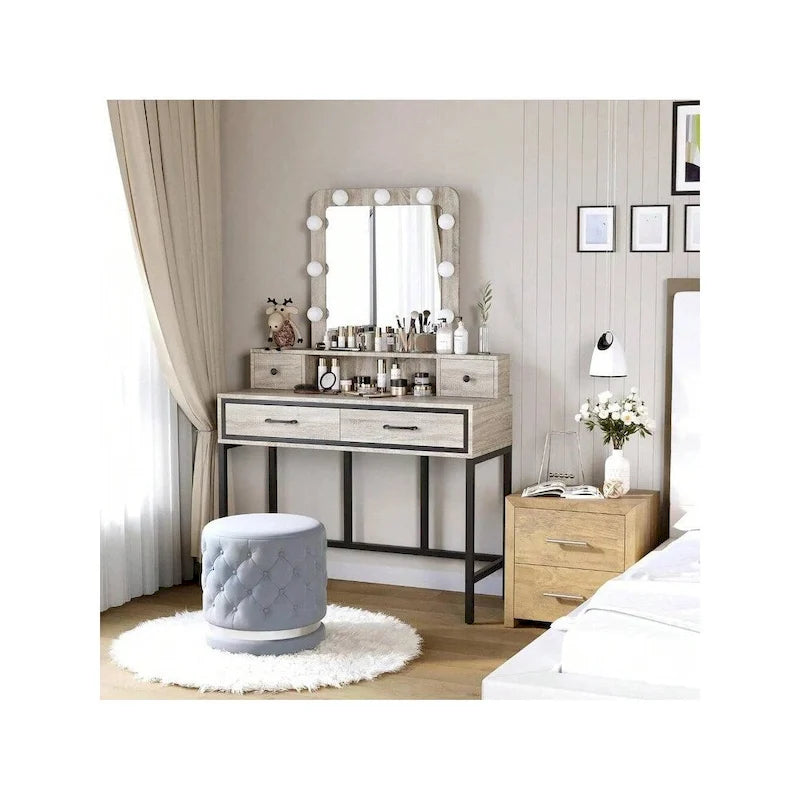 Tavolo da Trucco con Specchio Illuminato, Grigio/Marrone/Bianco, 1 Posto