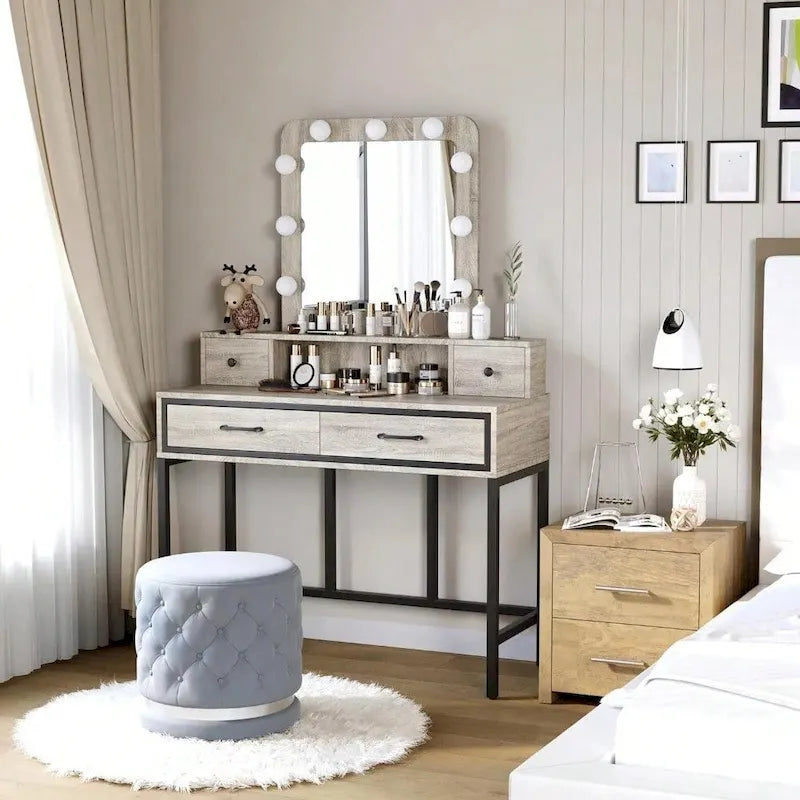 Tavolo da Trucco con Specchio Illuminato, Grigio/Marrone/Bianco, 1 Posto