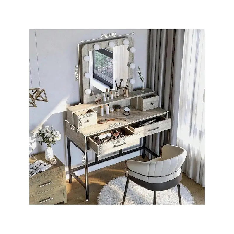 Tavolo da Trucco con Specchio Illuminato, Grigio/Marrone/Bianco, 1 Posto