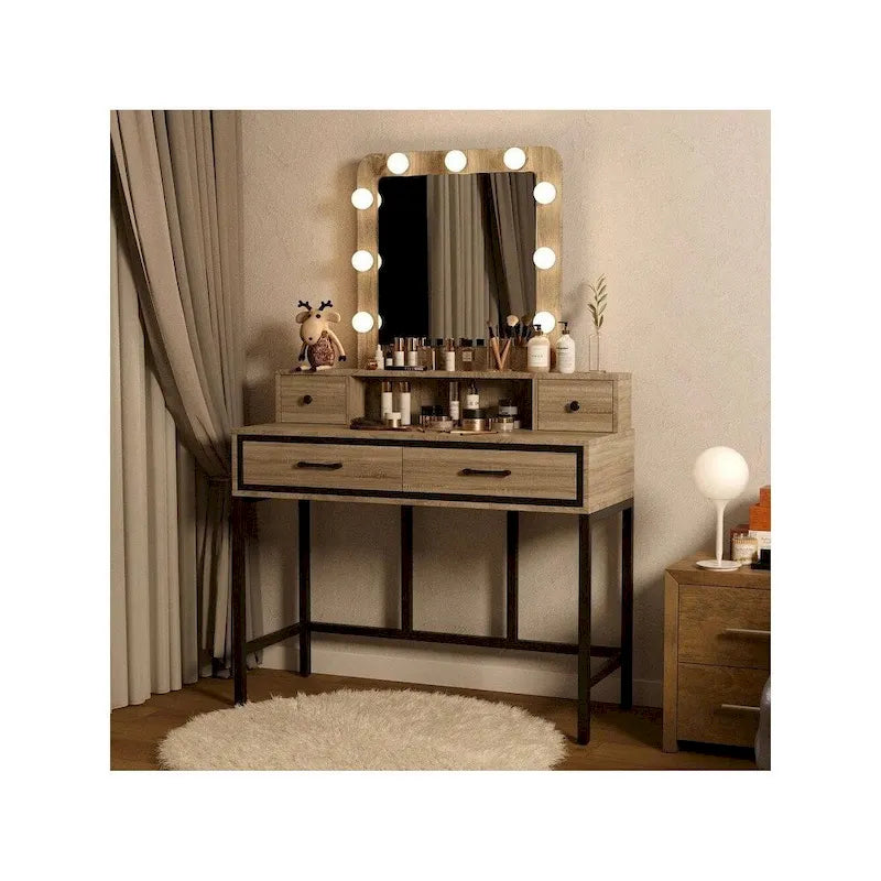 Tavolo da Trucco con Specchio Illuminato, Grigio/Marrone/Bianco, 1 Posto