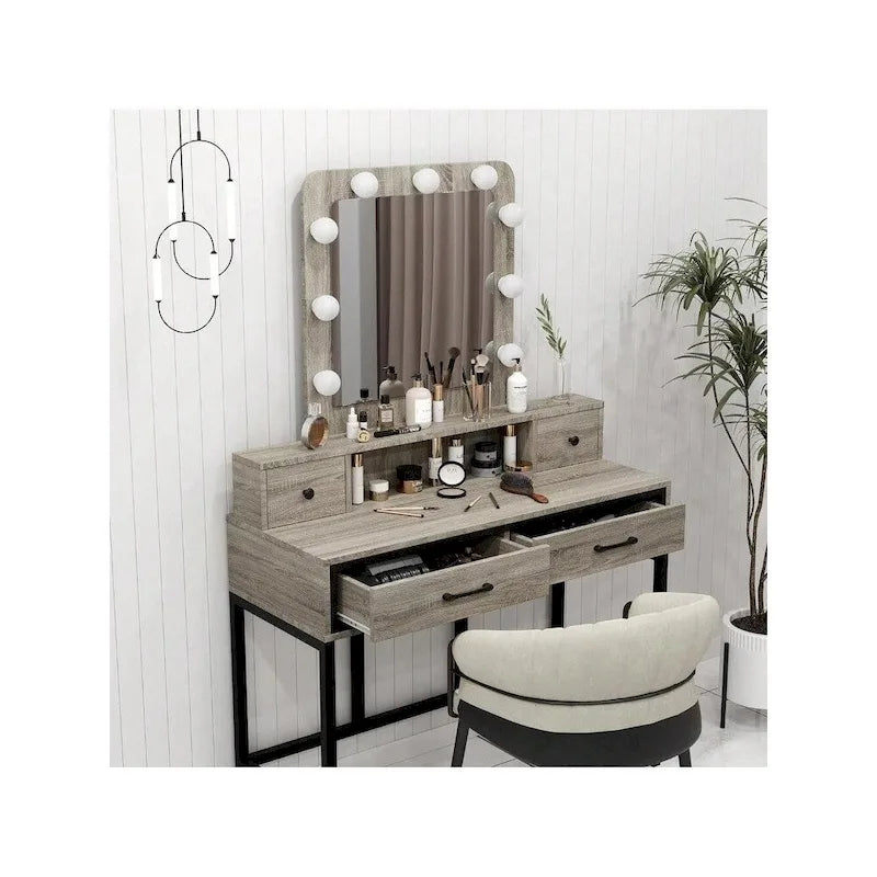 Tavolo da Trucco con Specchio Illuminato, Grigio/Marrone/Bianco, 1 Posto