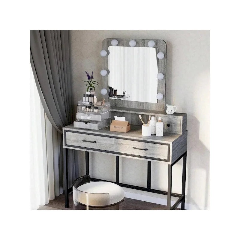 Tavolo da Trucco con Specchio Illuminato, Grigio/Marrone/Bianco, 1 Posto