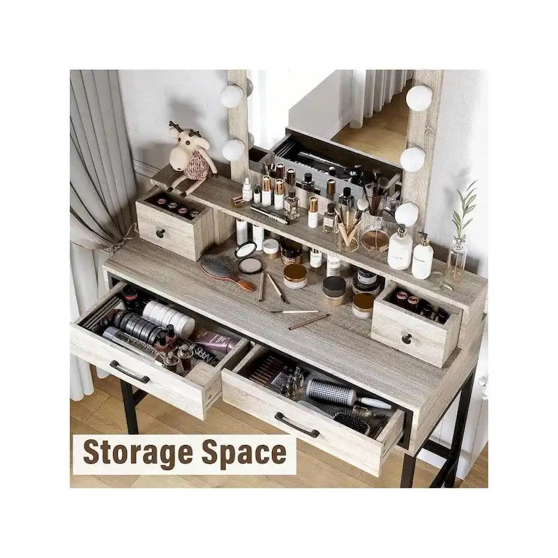 Tavolo da Trucco con Specchio Illuminato, Grigio/Marrone/Bianco, 1 Posto