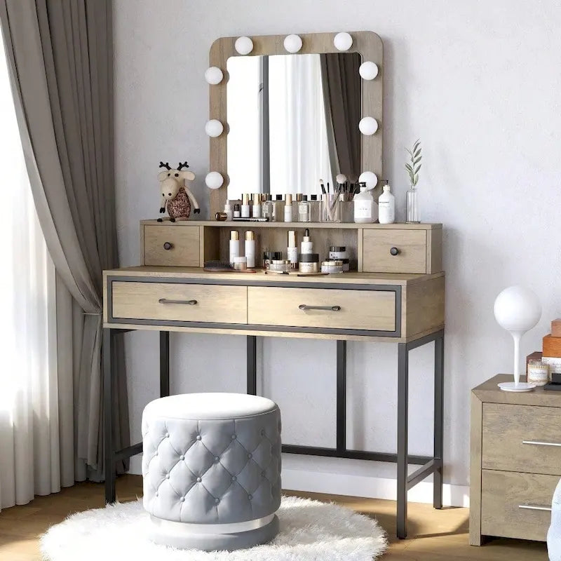 Tavolo da Trucco con Specchio Illuminato, Grigio/Marrone/Bianco, 1 Posto