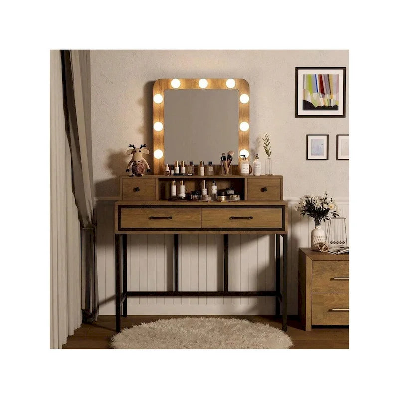 Tavolo da Trucco con Specchio Illuminato, Grigio/Marrone/Bianco, 1 Posto