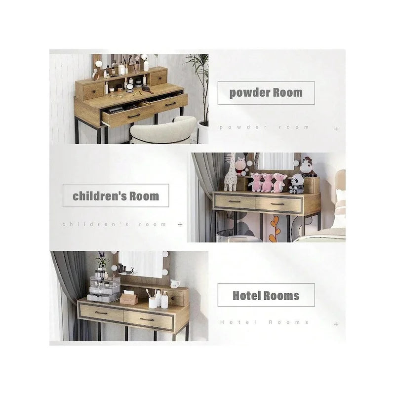 Tavolo da Trucco con Specchio Illuminato, Grigio/Marrone/Bianco, 1 Posto