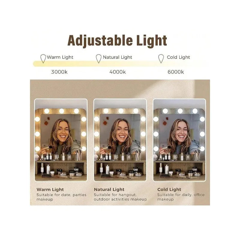 Tavolo da Trucco con Specchio Illuminato, Grigio/Marrone/Bianco, 1 Posto