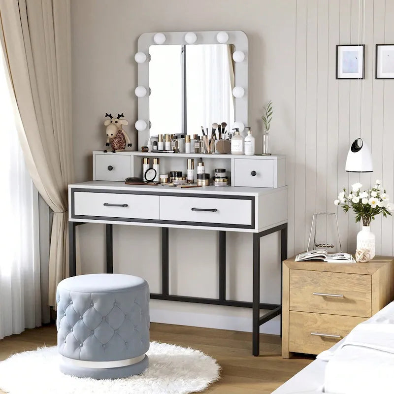 Tavolo da Trucco con Specchio Illuminato, Grigio/Marrone/Bianco, 1 Posto