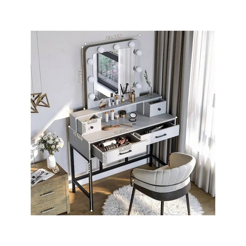 Tavolo da Trucco con Specchio Illuminato, Grigio/Marrone/Bianco, 1 Posto