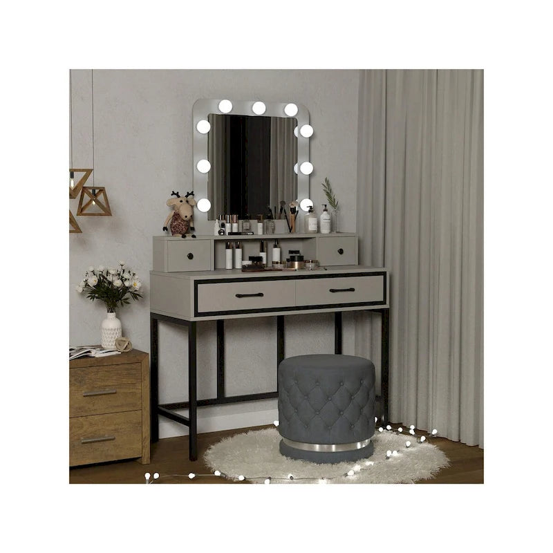 Tavolo da Trucco con Specchio Illuminato, Grigio/Marrone/Bianco, 1 Posto