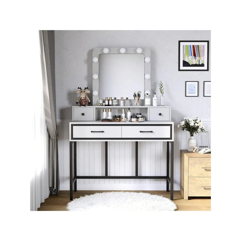 Tavolo da Trucco con Specchio Illuminato, Grigio/Marrone/Bianco, 1 Posto