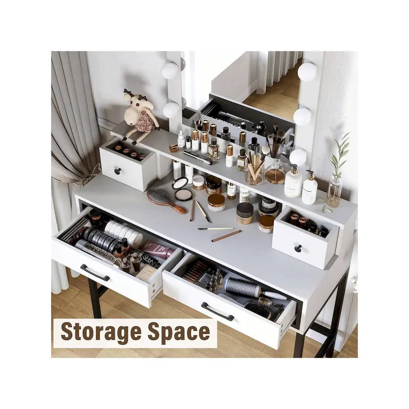 Tavolo da Trucco con Specchio Illuminato, Grigio/Marrone/Bianco, 1 Posto