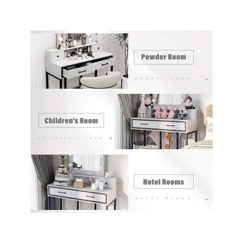 Tavolo da Trucco con Specchio Illuminato, Grigio/Marrone/Bianco, 1 Posto