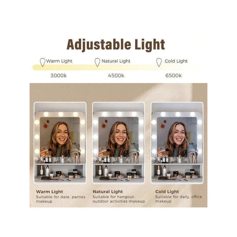 Tavolo da Trucco con Specchio Illuminato, Grigio/Marrone/Bianco, 1 Posto