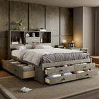 Letto a piattaforma contenitore grigio/bianco Queen/King con 8 cassetti, per 2 persone