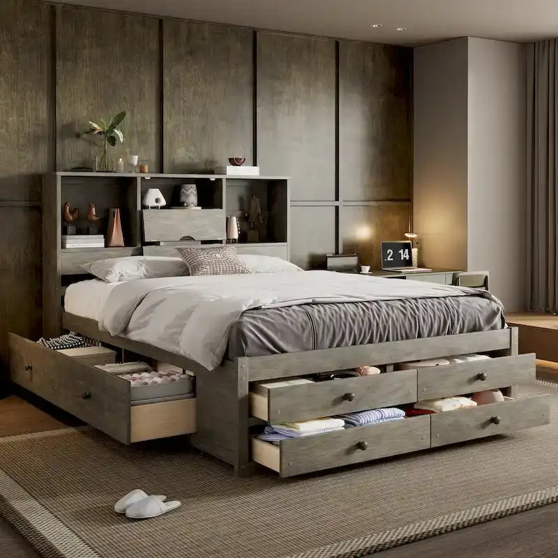 Letto a piattaforma contenitore grigio/bianco Queen/King con 8 cassetti, per 2 persone