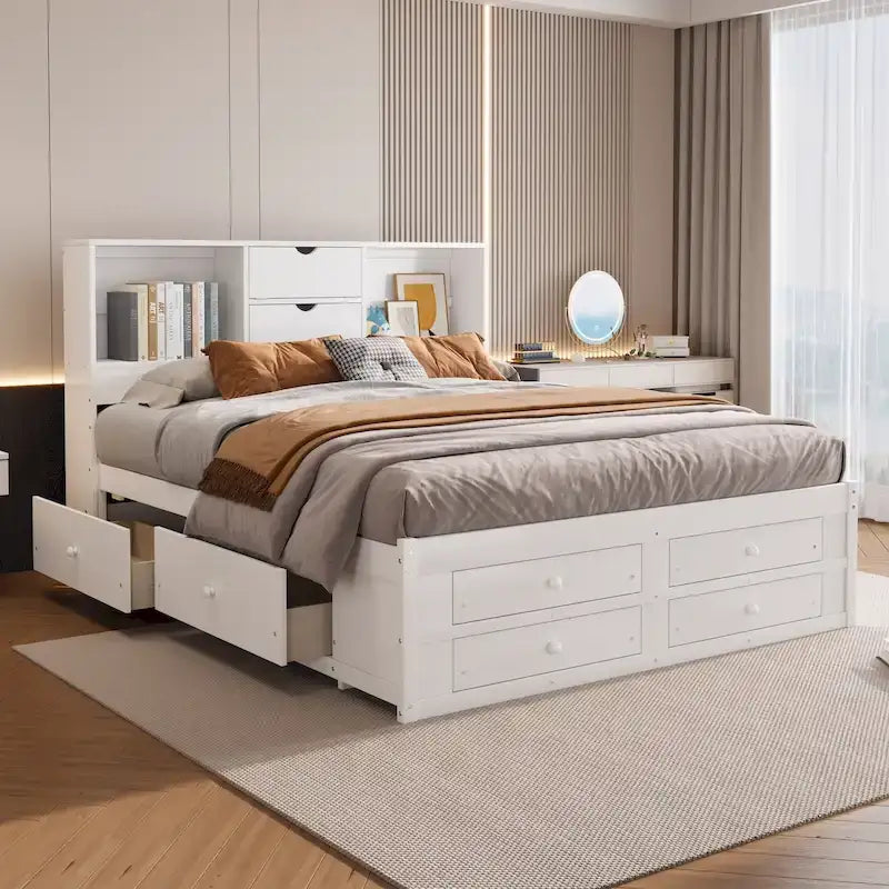 Letto a piattaforma contenitore grigio/bianco Queen/King con 8 cassetti, per 2 persone