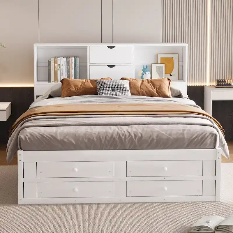 Letto a piattaforma contenitore grigio/bianco Queen/King con 8 cassetti, per 2 persone
