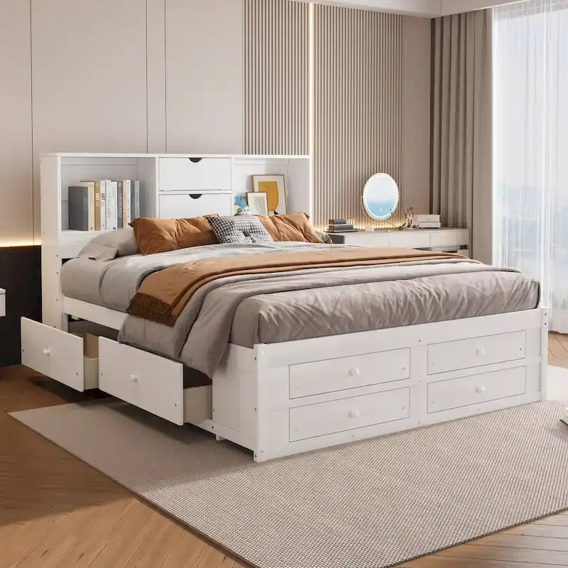 Letto a piattaforma contenitore grigio/bianco Queen/King con 8 cassetti, per 2 persone