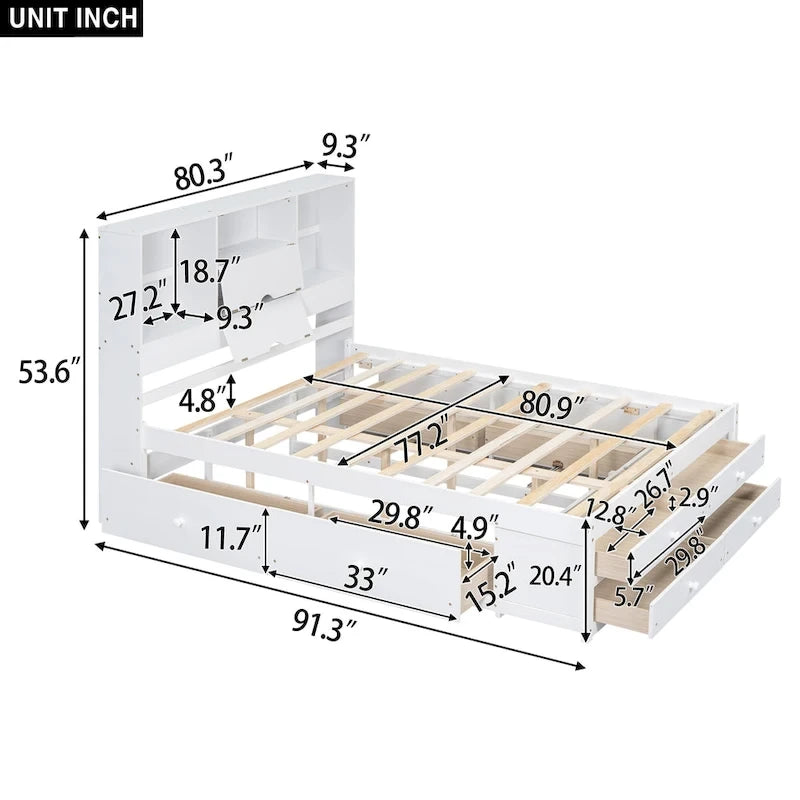 Letto a piattaforma contenitore grigio/bianco Queen/King con 8 cassetti, per 2 persone