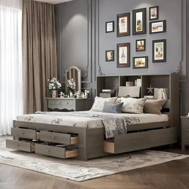Letto a piattaforma contenitore grigio/bianco Queen/King con 8 cassetti, per 2 persone