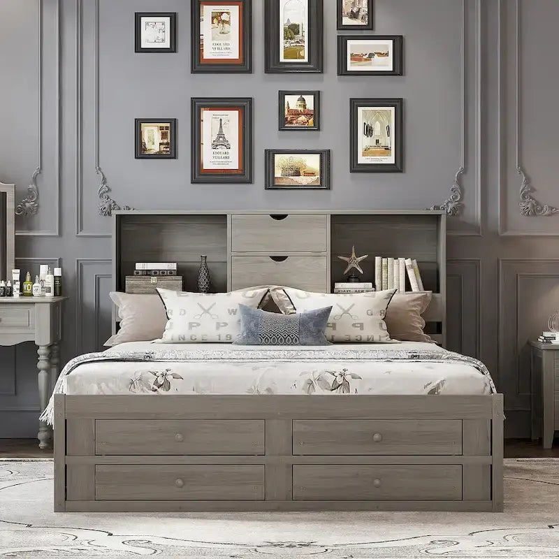 Letto a piattaforma contenitore grigio/bianco Queen/King con 8 cassetti, per 2 persone