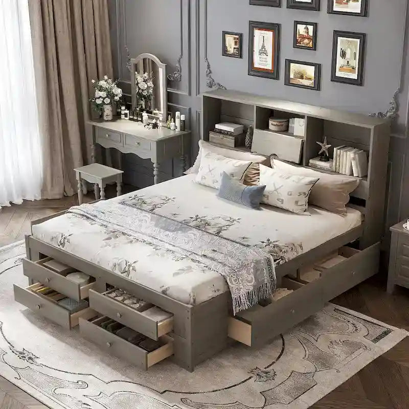 Letto a piattaforma contenitore grigio/bianco Queen/King con 8 cassetti, per 2 persone