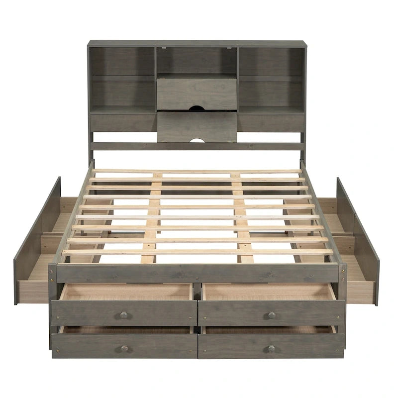 Letto a piattaforma contenitore grigio/bianco Queen/King con 8 cassetti, per 2 persone