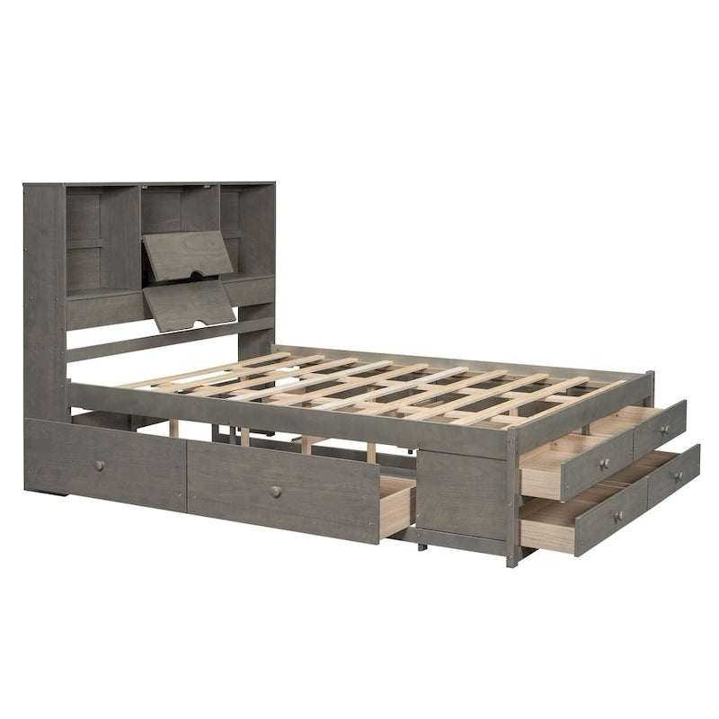 Letto a piattaforma contenitore grigio/bianco Queen/King con 8 cassetti, per 2 persone