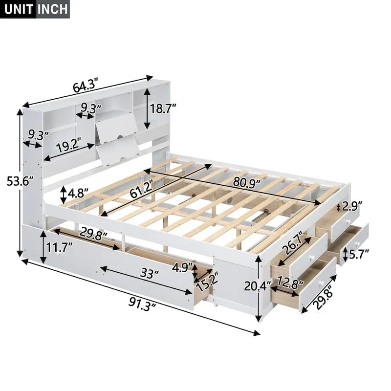 Letto a piattaforma contenitore grigio/bianco Queen/King con 8 cassetti, per 2 persone