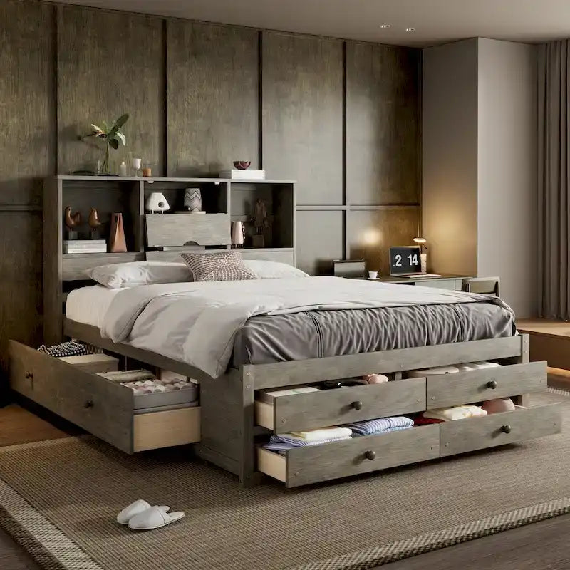 Letto a piattaforma contenitore grigio/bianco Queen/King con 8 cassetti, per 2 persone