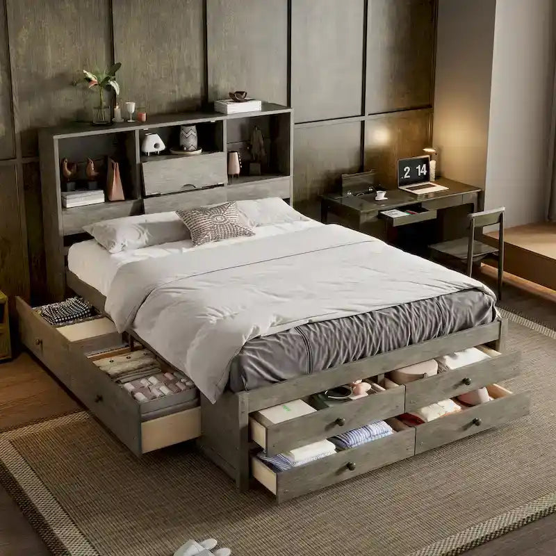Letto a piattaforma contenitore grigio/bianco Queen/King con 8 cassetti, per 2 persone