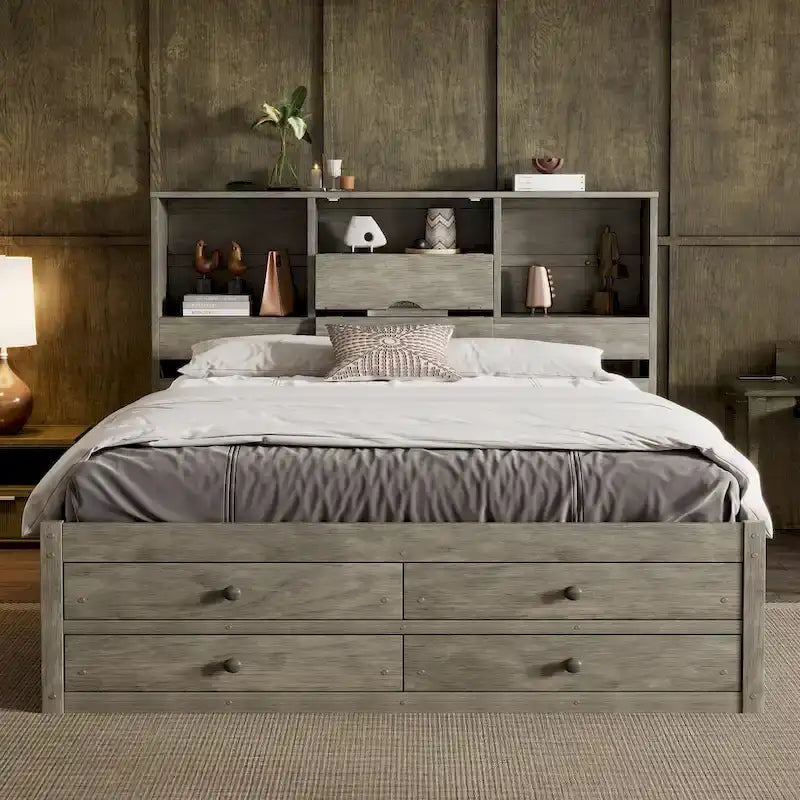 Letto a piattaforma contenitore grigio/bianco Queen/King con 8 cassetti, per 2 persone