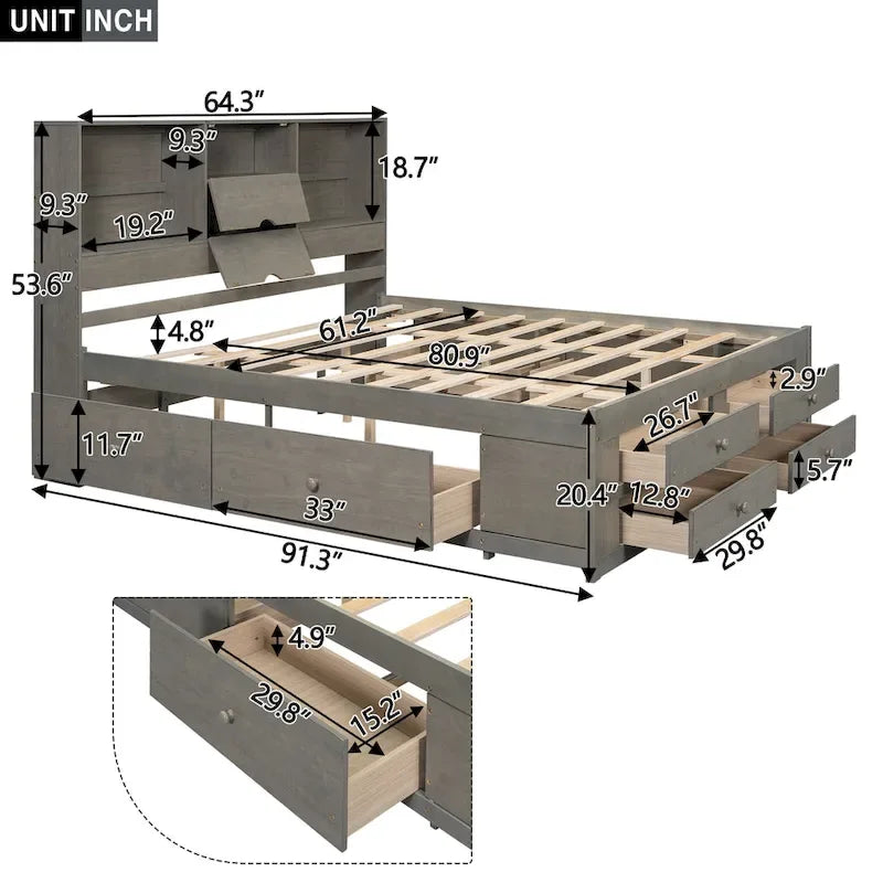 Letto a piattaforma contenitore grigio/bianco Queen/King con 8 cassetti, per 2 persone