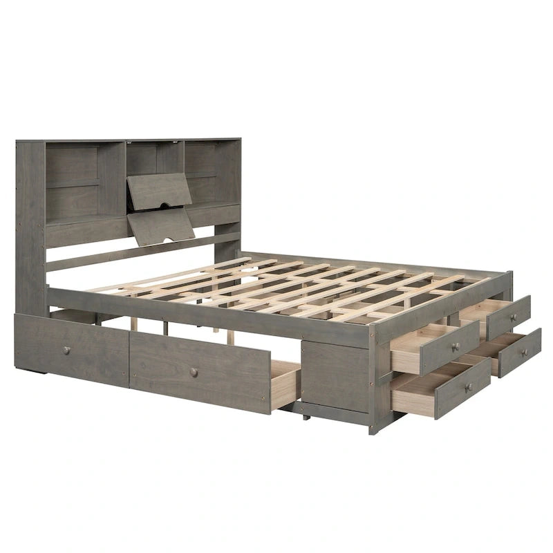 Letto a piattaforma contenitore grigio/bianco Queen/King con 8 cassetti, per 2 persone