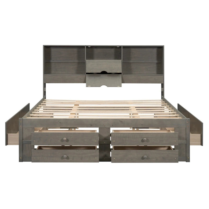 Letto a piattaforma contenitore grigio/bianco Queen/King con 8 cassetti, per 2 persone