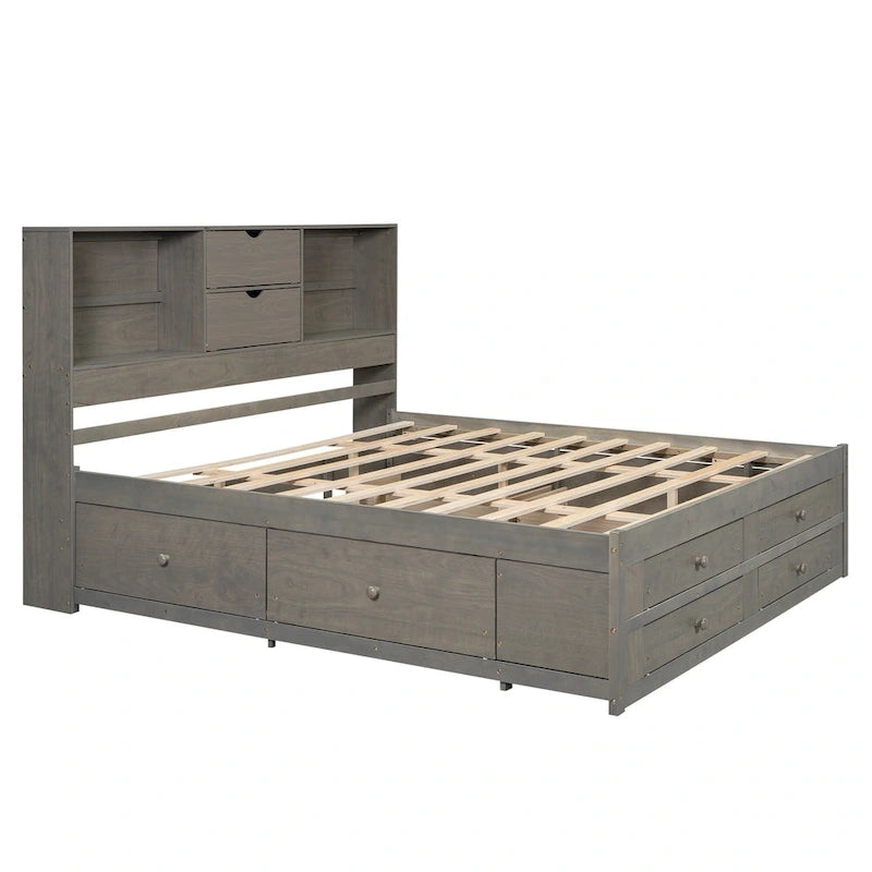 Letto a piattaforma contenitore grigio/bianco Queen/King con 8 cassetti, per 2 persone