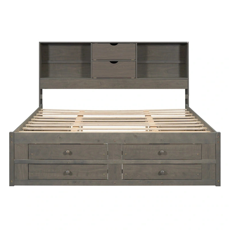 Letto a piattaforma contenitore grigio/bianco Queen/King con 8 cassetti, per 2 persone