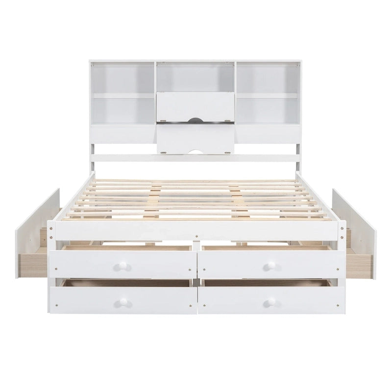 Letto a piattaforma contenitore grigio/bianco Queen/King con 8 cassetti, per 2 persone