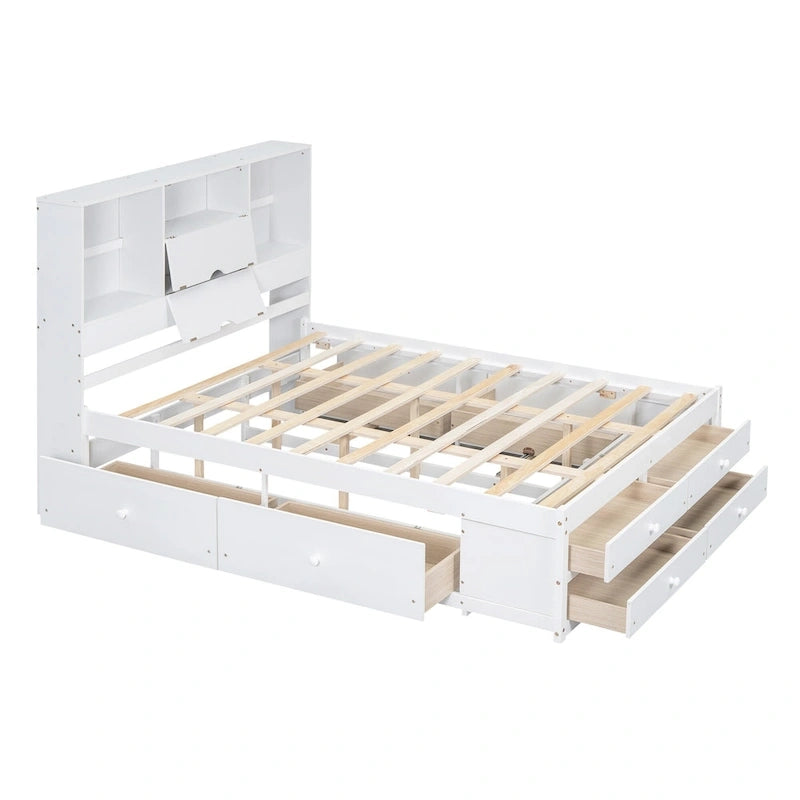 Letto a piattaforma contenitore grigio/bianco Queen/King con 8 cassetti, per 2 persone