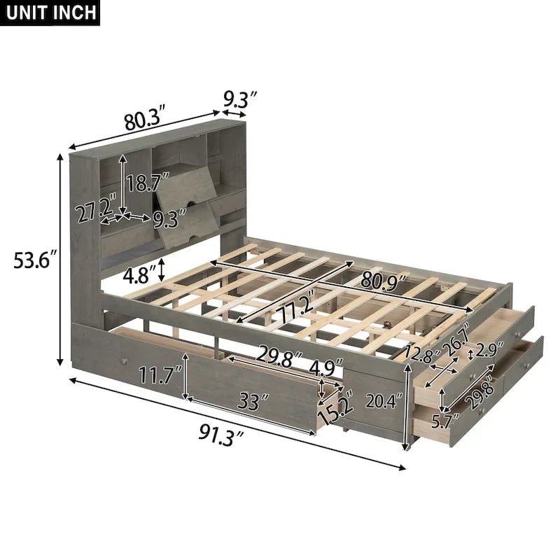 Letto a piattaforma contenitore grigio/bianco Queen/King con 8 cassetti, per 2 persone