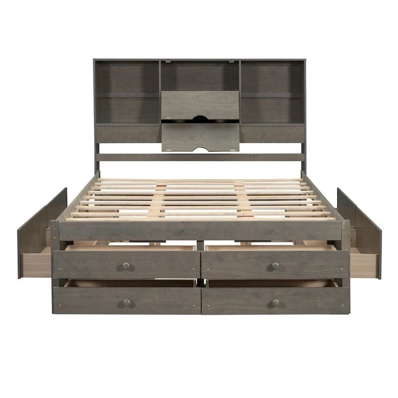 Letto a piattaforma contenitore grigio/bianco Queen/King con 8 cassetti, per 2 persone