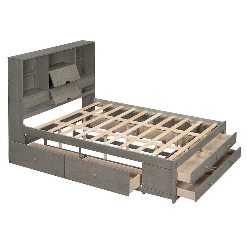 Letto a piattaforma contenitore grigio/bianco Queen/King con 8 cassetti, per 2 persone