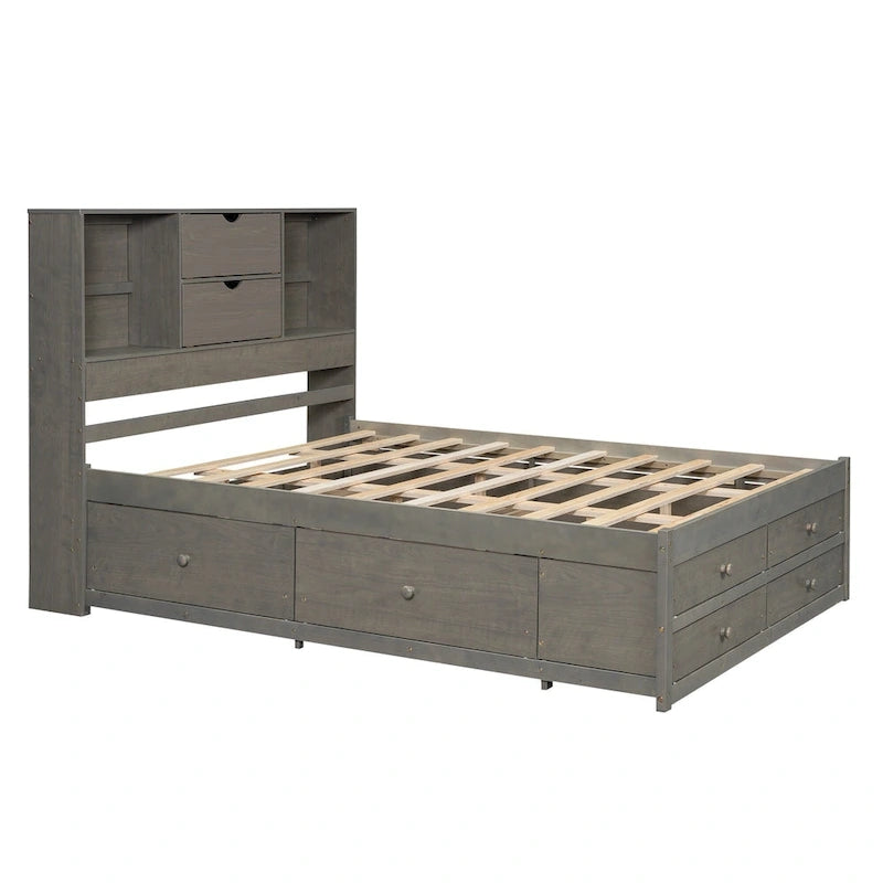 Letto a piattaforma contenitore grigio/bianco Queen/King con 8 cassetti, per 2 persone