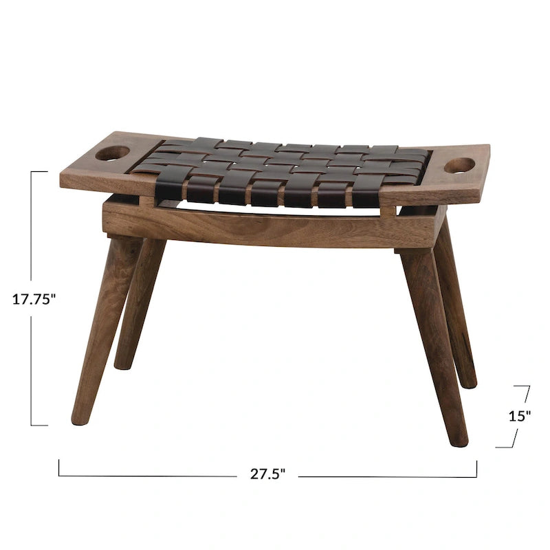 Sgabello in legno di mango nero e naturale con seduta in pelle intrecciata, seduta singola