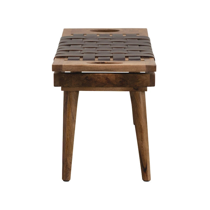 Sgabello in legno di mango nero e naturale con seduta in pelle intrecciata, seduta singola